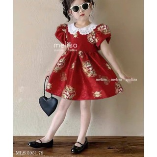 [B&G] Đầm đỏ Thiết kế cổ ren trắng phối tay phồng Chất gấm cao cấp cho bé gái tiệc tùng đi chơi Tết