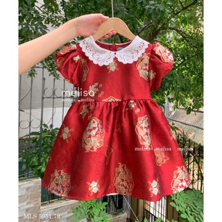 [B&G] Đầm đỏ Thiết kế cổ ren trắng phối tay phồng Chất gấm cao cấp cho bé gái tiệc tùng đi chơi Tết