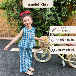 Đồ Bộ Bé Gái, Set Bộ Kẻ Caro Sát Nách Áo Phối Bèo Mix Quần Suông Cho Bé Chất Liệu Thoáng Mát