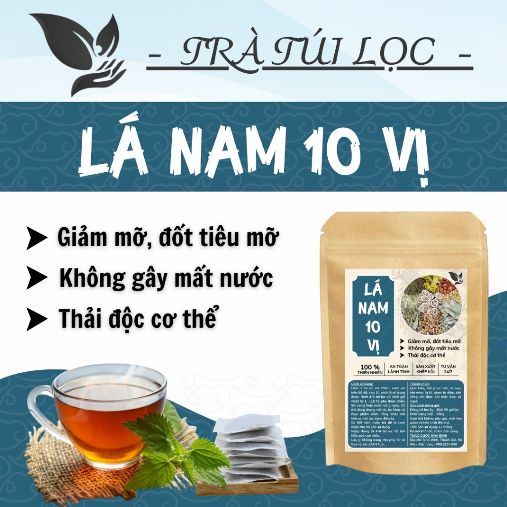 HÒA BÌNH ORGANIC - Trà Túi Lọc Lá Nam 10 Vị - Thanh lọc, Thanh Nhiệt, Thải độc, Giảm cân - Bịch 50 lọc