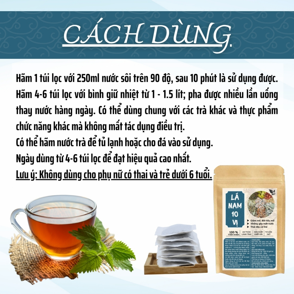 HÒA BÌNH ORGANIC - Trà Túi Lọc Lá Nam 10 Vị - Thanh lọc, Thanh Nhiệt, Thải độc, Giảm cân - Bịch 50 lọc