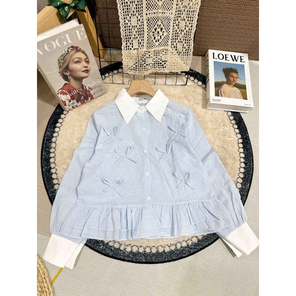 Sơ mi nữ kiểu đính nơ cổ nhọn tiểu thư by.Thanhhuyenclothings