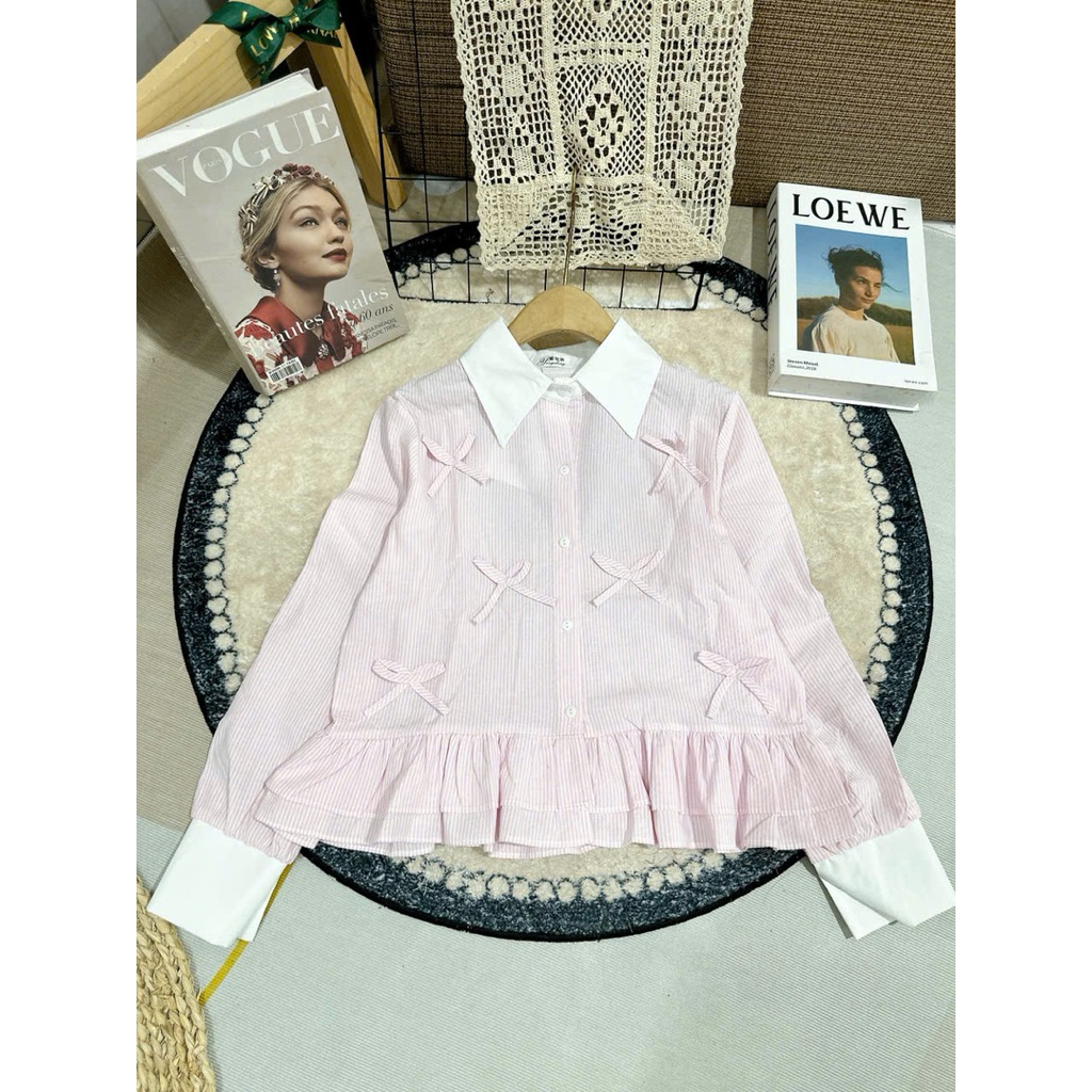 Sơ mi nữ kiểu đính nơ cổ nhọn tiểu thư by.Thanhhuyenclothings