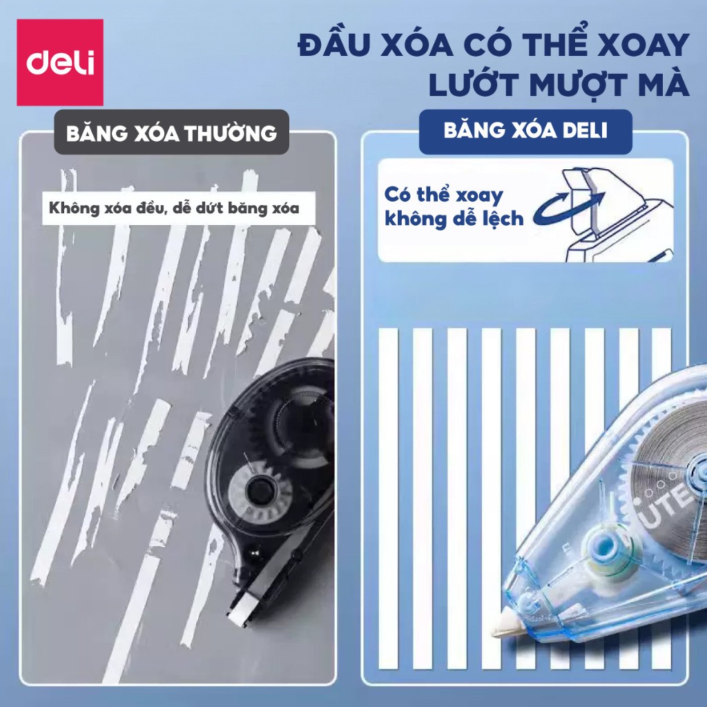 Bút Xóa Băng Deli 20m/40m – Học Sinh & Văn Phòng, Xóa Sạch, Khô Nhanh, Viết Đè Ngay, Nhiều Màu