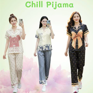 Bộ Pijama Lụa Cát Mặc Nhà Nữ Siêu Mềm Mát Không Nhăn Áo Cộc Quần Dài