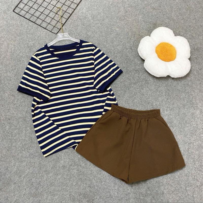 Set Đồ Bộ Nữ Bigsize Dáng Rộng – Áo Phông Kẻ Kèm Quần Short Đùi–Có Bán Lẻ Áo Đậu Bigsize A308+Q500