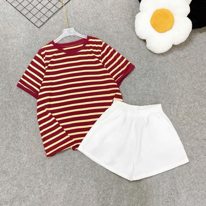 Set Đồ Bộ Nữ Bigsize Dáng Rộng – Áo Phông Kẻ Kèm Quần Short Đùi–Có Bán Lẻ Áo Đậu Bigsize A308+Q500