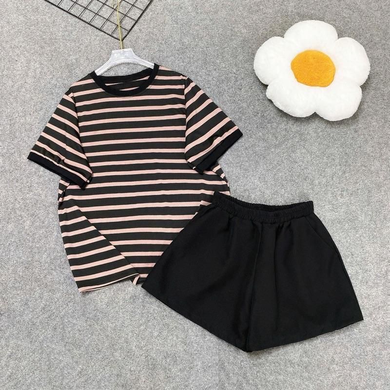 Set Đồ Bộ Nữ Bigsize Dáng Rộng – Áo Phông Kẻ Kèm Quần Short Đùi–Có Bán Lẻ Áo Đậu Bigsize A308+Q500