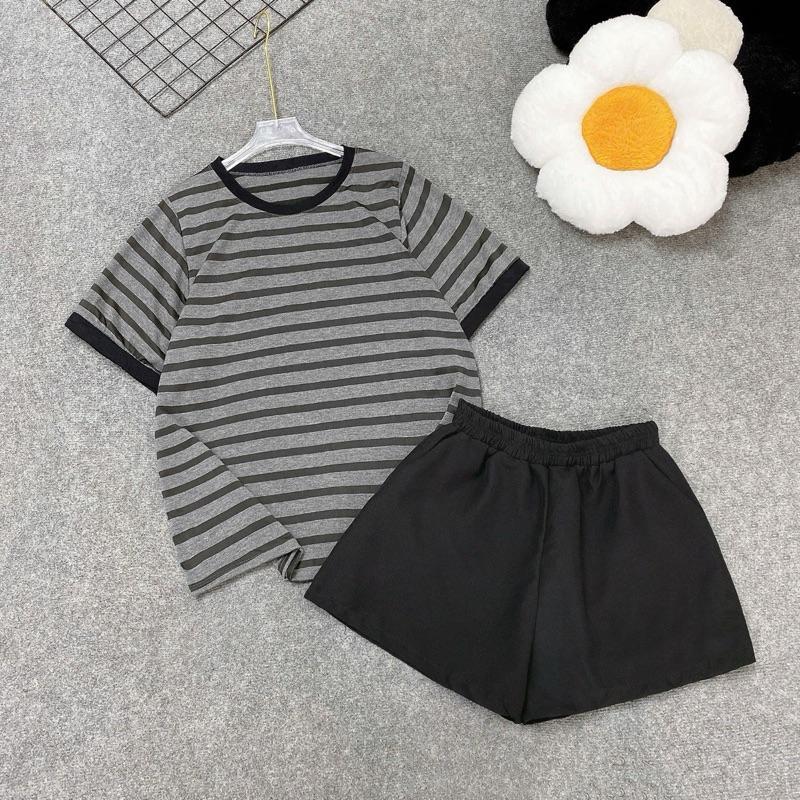 Set Đồ Bộ Nữ Bigsize Dáng Rộng – Áo Phông Kẻ Kèm Quần Short Đùi–Có Bán Lẻ Áo Đậu Bigsize A308+Q500