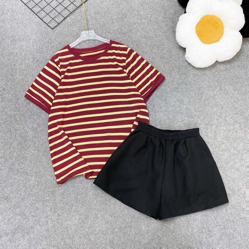 Set Đồ Bộ Nữ Bigsize Dáng Rộng – Áo Phông Kẻ Kèm Quần Short Đùi–Có Bán Lẻ Áo Đậu Bigsize A308+Q500