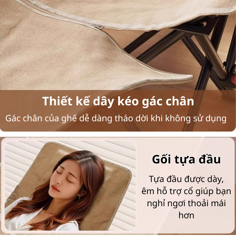 Ghế Ngủ Trưa Văn Phòng Vivu Outdoor, Ghế Xếp Thư Giãn Ngả Lưng 165°, Chịu Tải 150kg Kèm Gác Chân