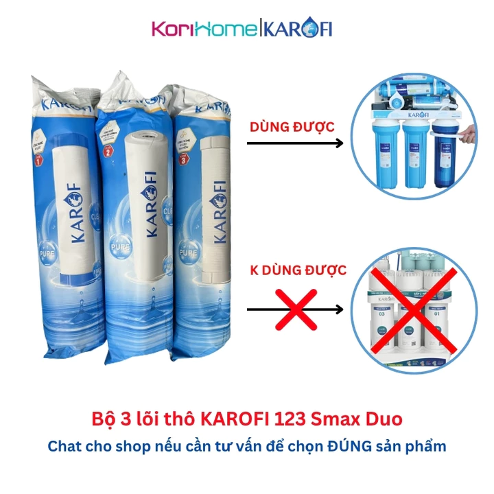 Bộ 3 Lõi Lọc Nước Karofi 1 2 3 Chính hãng Dùng cho máy lọc nước RO gia đình, Combo 3 lõi lọc thô 123 Smax Duo Karofi
