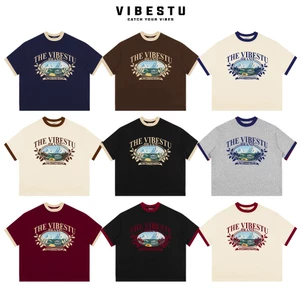Áo Thun Phối Tay Local Brand VIBESTU " Mountain ", Áo Thun Boxy Form Rộng Unisex 250Gsm 100% Cotton