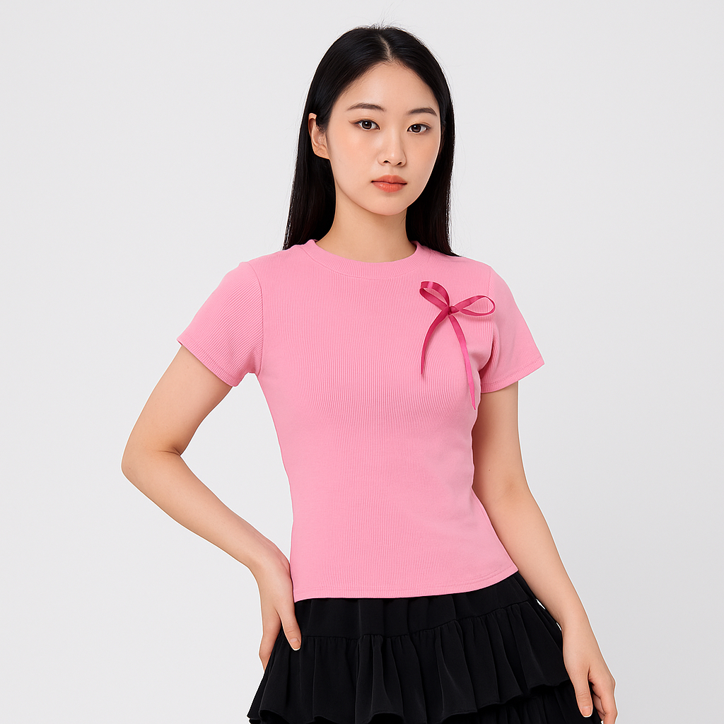 [Peinn] Áo Thun Trơn Nh147 Có Nơ Đính Ngực, Chất Liệu Co Giãn