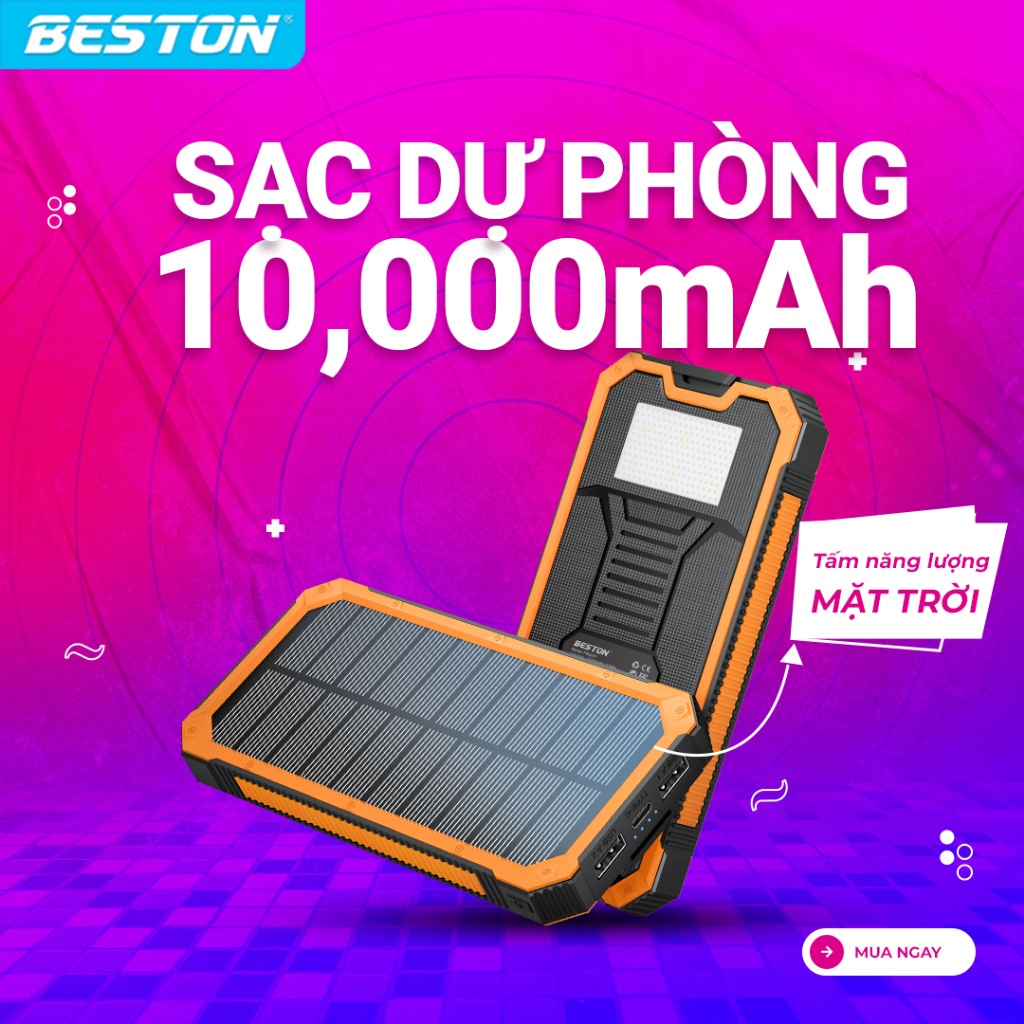 Sạc dự phòng Beston dung lượng 10000mAh , tích hợp tấm năng lượng mặt trời, sạc mọi lúc, bảo hành 12 tháng - PBS001
