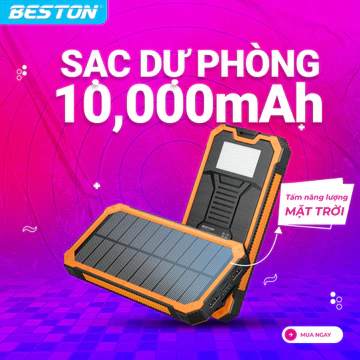 Sạc dự phòng Beston dung lượng 10000mAh , tích hợp tấm năng lượng mặt trời, sạc mọi lúc, bảo hành 12 tháng - PBS001