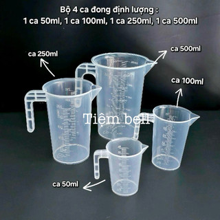 Bộ combo 4 ly có quai (1 ca 50ml, 1 ca 100ml, 1 ca 250ml, 1 ca 500ml) ca nhựa định lượng dùng cho pha chế , nhựa PP dày