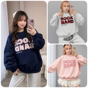 Áo Nỉ Sweater Nữ Form Boxy Thêu Chữ ROCK BAND . Áo Thu Đông Dài Tay Unisex Ulzzang Hàn Quốc , 3 Màu Dễ Phối Đồ