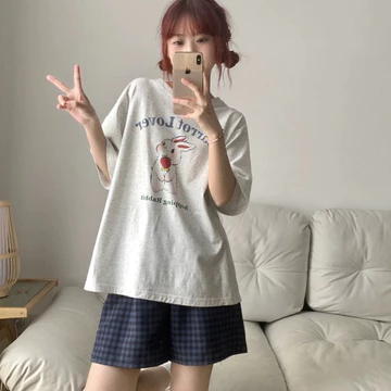 Set bộ đùi Nữ Genz mùa hè in hình Thỏ carrot - Đồ bộ Nữ mặc nhà, mặc ngủ, set bộ áo Cotton kèm quần đũi caro