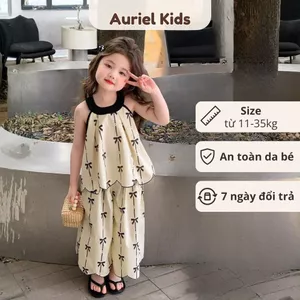 Bộ Đồ Bé Gái, Set Bộ Yếm Đi Biển Áo Yếm Phối Quần Ống Rộng Cho Bé Gái Chất Cotton Thoáng Mát