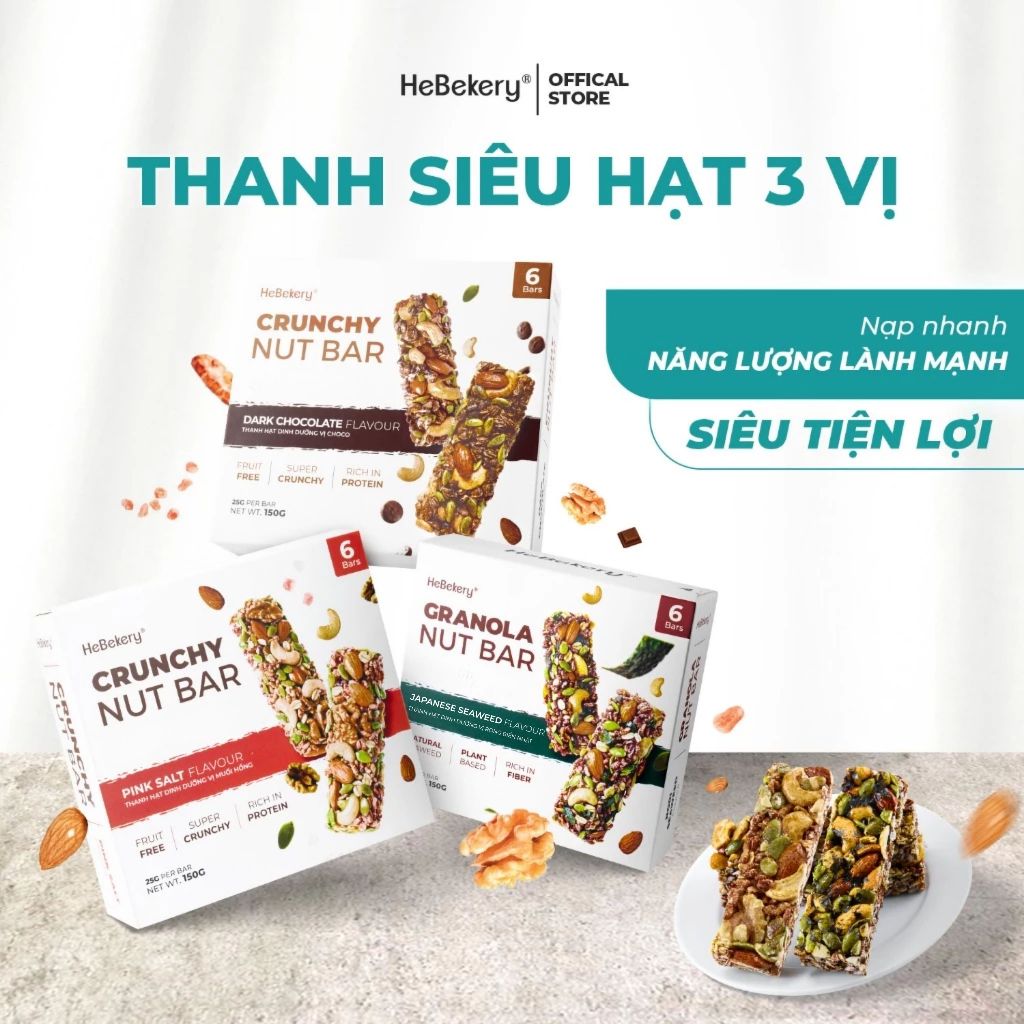 Thanh Năng Lượng Siêu Hạt 3 Vị Muối Hồng Dark Choco Rong Biển Hebekery Hộp 6 Thanh 150gr- Bar Granola Ăn Kiêng Lành Mạnh