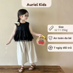 Set Bộ Bé Gái, Set Bộ Sát Nách Áo Đơn Giản Phối Ren Kèm Quần Ống Suông Kẻ Sọc Cho Bé