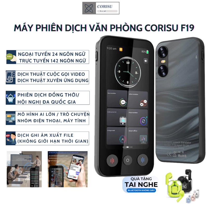 (Mới) Máy Phiên Dịch Corisu F19 (tặng tai nghe) dịch 142 ngôn ngữ Hỗ trợ dịch thuật cuộc gọi video, phiên dịch đồng thời — ảnh 1