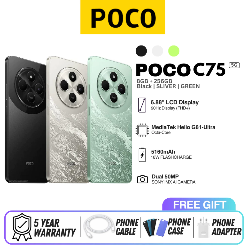 Điện Thoại XIAOMI POCO C75 (8GB+256GB) | Màn hình 6,88" | Pin 5160mAh | Camera kép 50MP