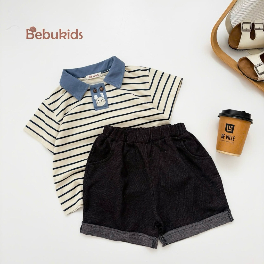 Set polo cộc tay cho bé trai Bebukids họa tiết ngộ nghĩnh, thiết kế đính 2 cúc lạ mắt 8-23kg