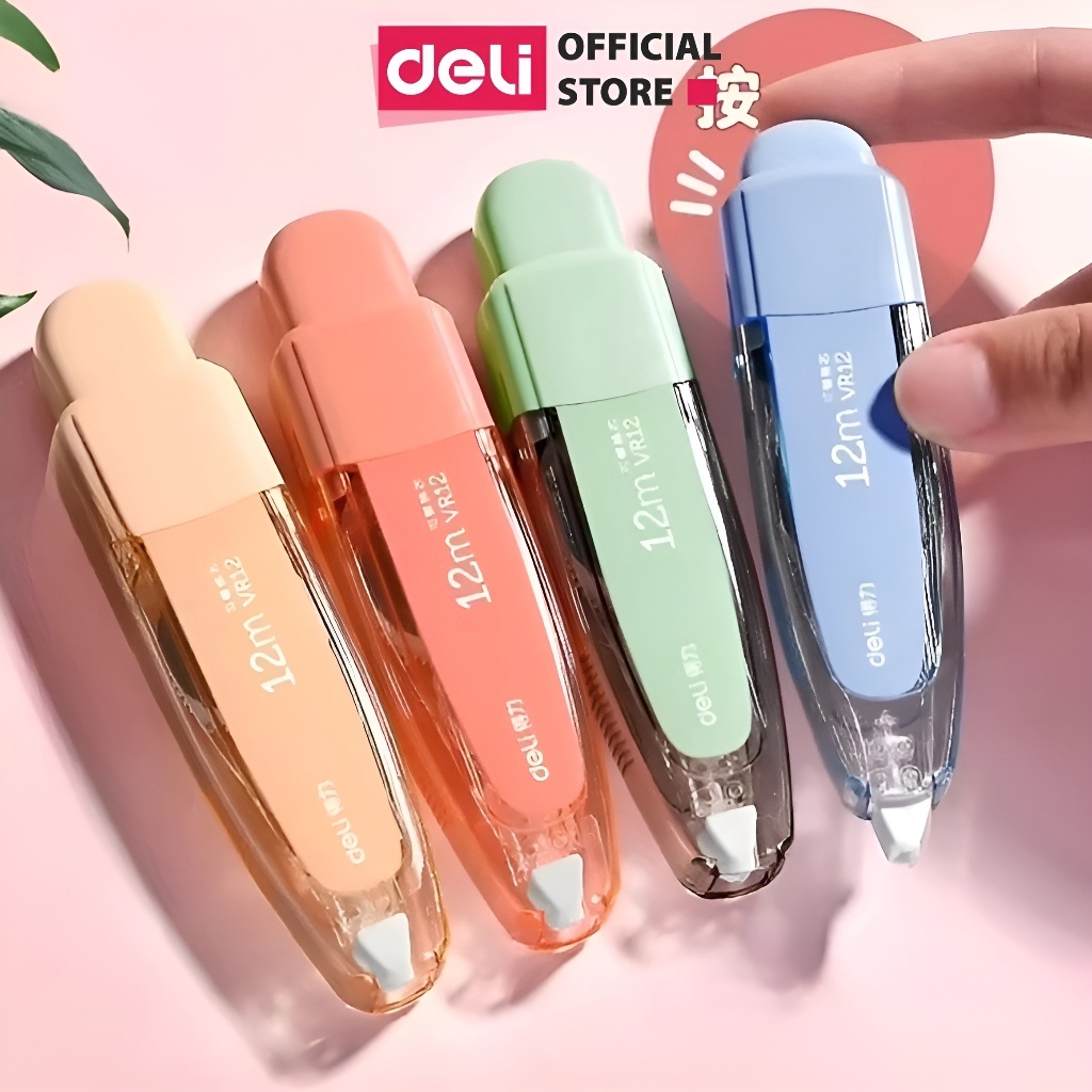 Bút Xóa Băng Bấm Deli 6m/12m/20m/30m/40m – Màu Pastel, Xóa Sạch, Khô Nhanh, Bám Dính Tốt