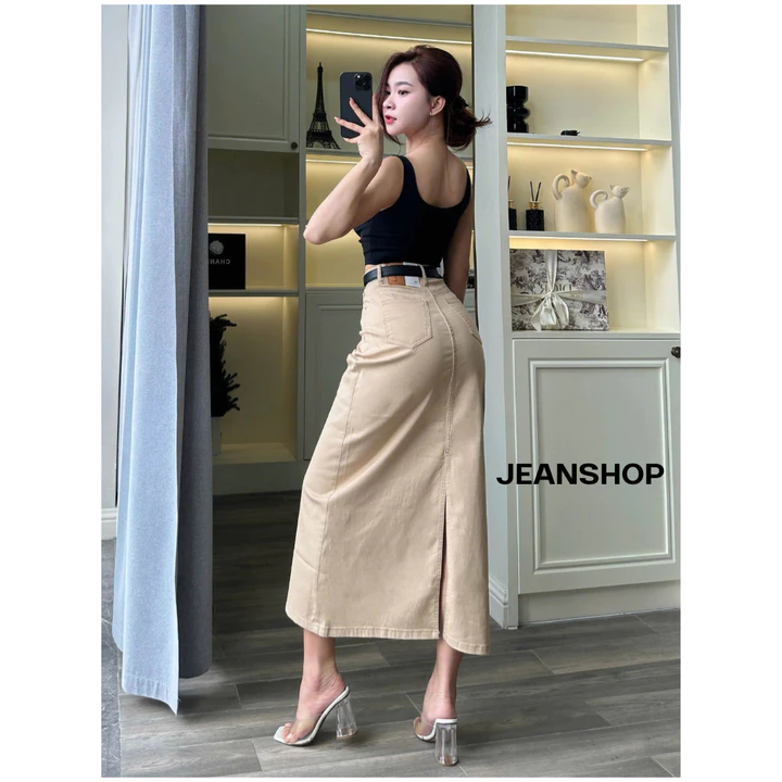 Chân Váy Jean Chữ A Xẻ Tà Sau – Dáng Dài, Chất Jean QC Cao Cấp, Chân Váy Maxi Nữ – Jeanshop