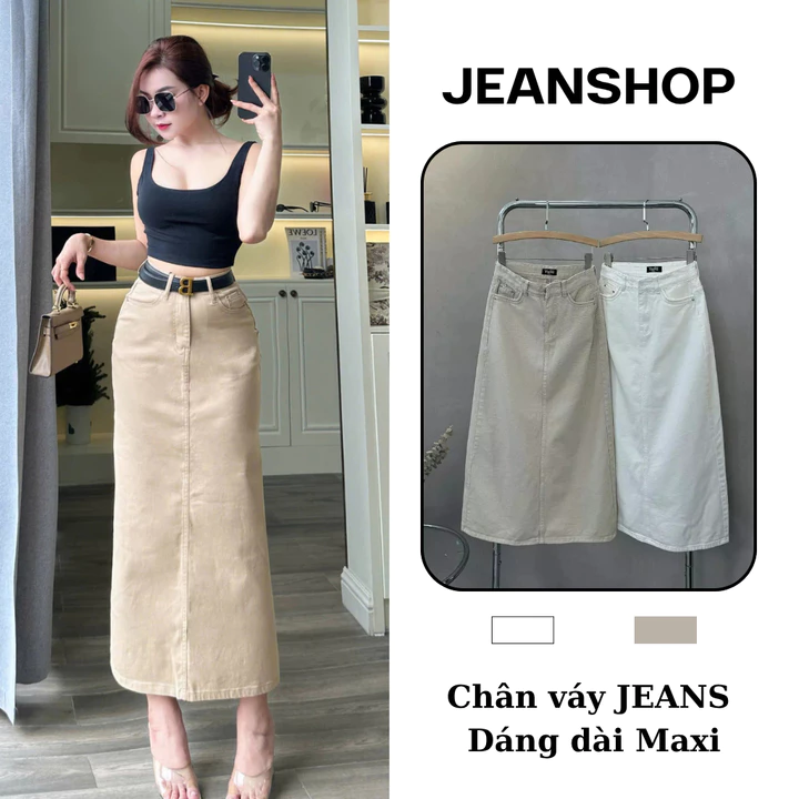 Chân Váy Jean Chữ A Xẻ Tà Sau – Dáng Dài, Chất Jean QC Cao Cấp, Chân Váy Maxi Nữ – Jeanshop
