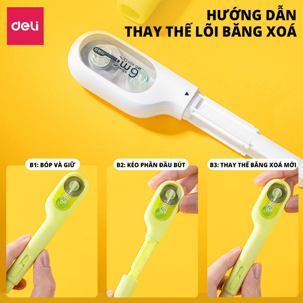 Băng Xóa Mini Deli 6m – Dạng Kéo, Màu Trắng/Xanh Dương/Xanh Lá, Xóa Sạch Khô Nhanh, Thay Lõi Được