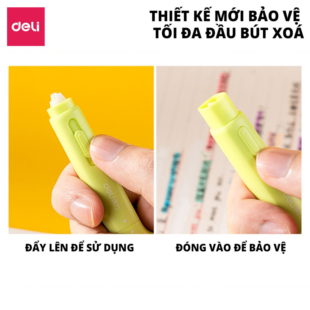 Băng Xóa Mini Deli 6m – Dạng Kéo, Màu Trắng/Xanh Dương/Xanh Lá, Xóa Sạch Khô Nhanh, Thay Lõi Được
