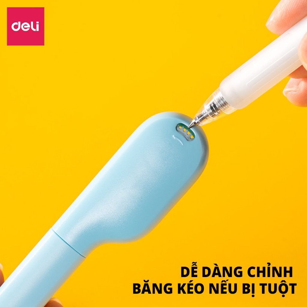 Băng Xóa Mini Deli 6m – Dạng Kéo, Màu Trắng/Xanh Dương/Xanh Lá, Xóa Sạch Khô Nhanh, Thay Lõi Được