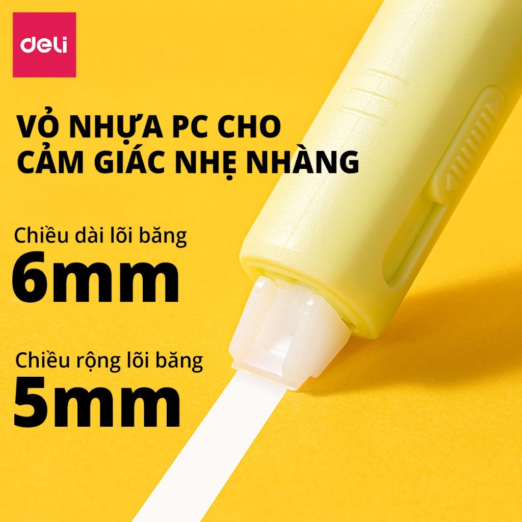 Băng Xóa Mini Deli 6m – Dạng Kéo, Màu Trắng/Xanh Dương/Xanh Lá, Xóa Sạch Khô Nhanh, Thay Lõi Được