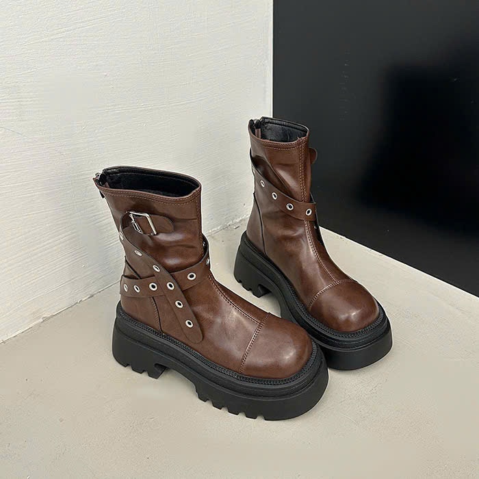 Boots Nữ Cổ Cao, Boots Da Cổ Cao Đế Bánh Mì Khóa Cài Đinh Tán Cá Tính Phá Cách NTshoes B19