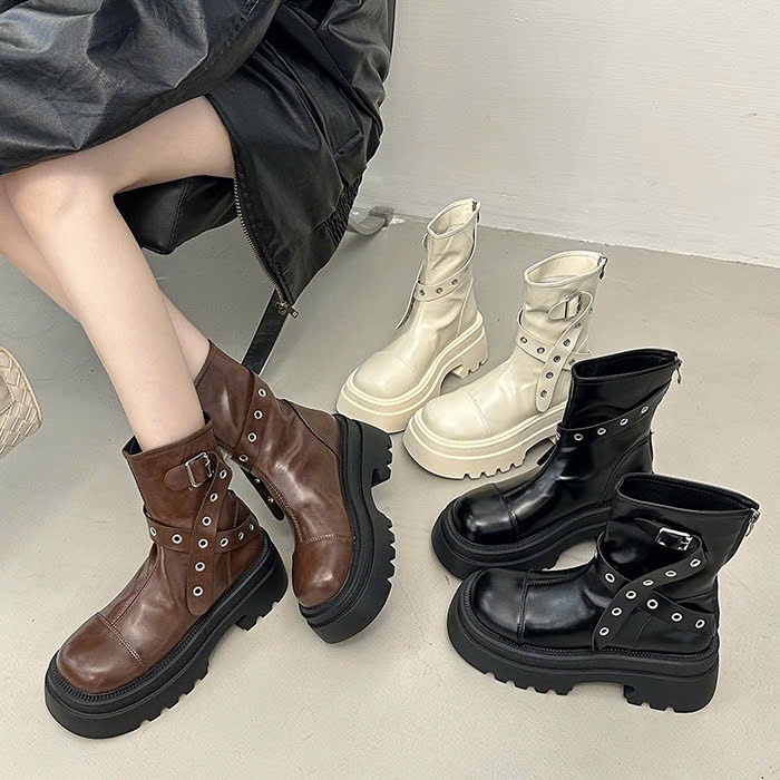 Boots Nữ Cổ Cao, Boots Da Cổ Cao Đế Bánh Mì Khóa Cài Đinh Tán Cá Tính Phá Cách NTshoes B19