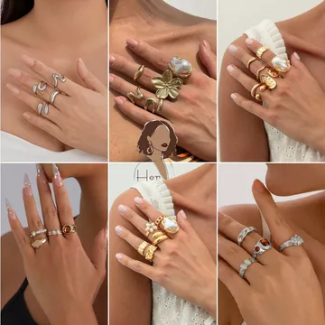 Set nhẫn nữ trơn đơn giản Her Accessories, phụ kiện trang sức 3 đến 9 chiếc nhẫn kim loại mạ