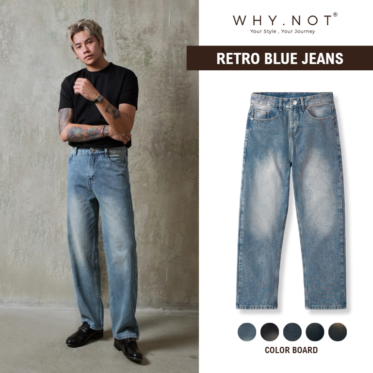 Quần Jean Nam Màu Xanh Retro WHY NOT - Quần Jeans Nam Ống Suông Rộng Form Regular Fit Quần Bò Mềm