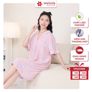 Váy đầm ngủ Pijama ngắn tay, cài cúc mặc nhà vải Viscose mềm mại thoáng mát MEV0575