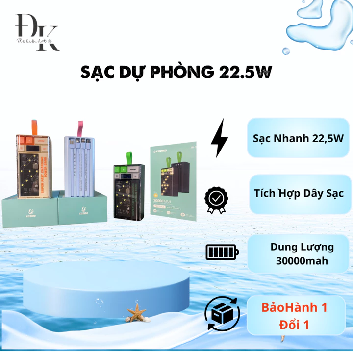 Pin Dự Phòng Sạc Dự Phòng KM-09 Trong suốt Có Led,Sạc Nhanh 22,5W Dung Lượng 30000mah Tích Hợp Dây Sạc