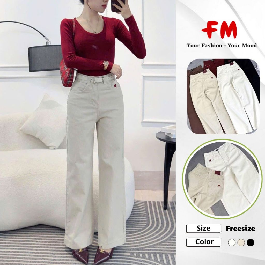 Quần Kaki Ống Suông Nữ FM Style Đồ Nữ – Thêu Hình Tim, Vải Dày Dặn, Form Chuẩn Tôn Dáng 26030729
