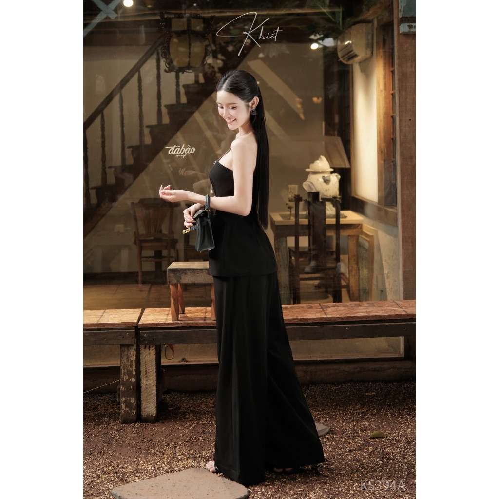 Set áo quây KHIẾT phối quần dài ống suông cotton hàn châu tone đen phong cách cá tính hiện đại KS394A