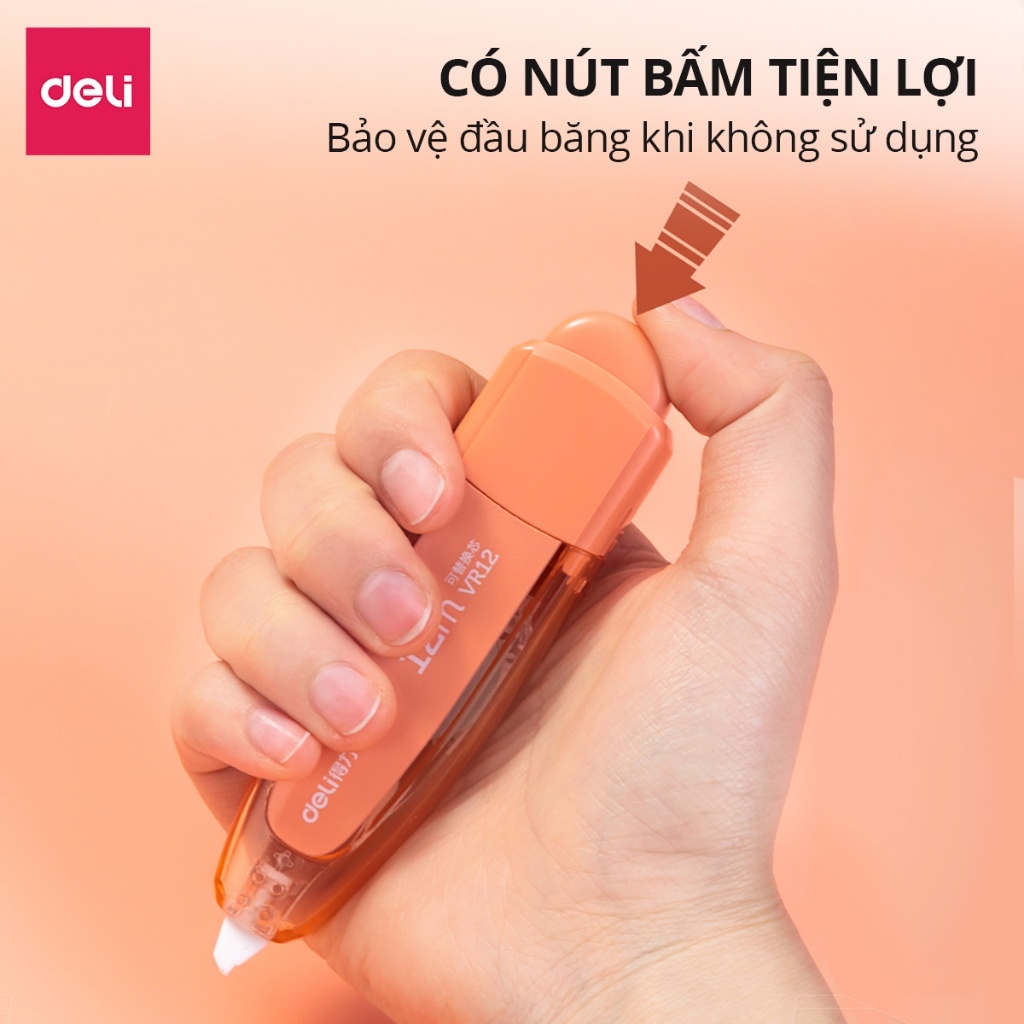 Bút Xóa Băng Bấm Deli 6m/12m/20m/30m/40m – Màu Pastel, Xóa Sạch, Khô Nhanh, Bám Dính Tốt
