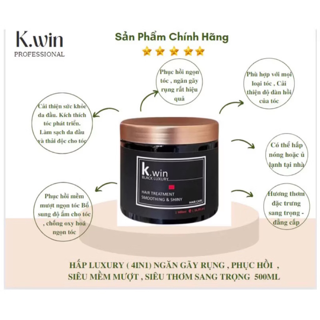 Hấp Ủ Tóc K.WIN Black Professional Hair Treatment Smoothing Siêu Mềm Mựợt Bóng Khoẻ(Hàng Chính Hãng) 500ml