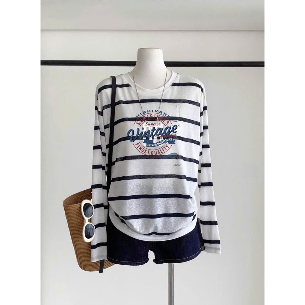 Áo dài tay kẻ sọc ngang ô to in hình cá tính JULY FASHION, Áo thun nữ tay dài thu đông kẻ sọc chất thun xượt mềm mịn