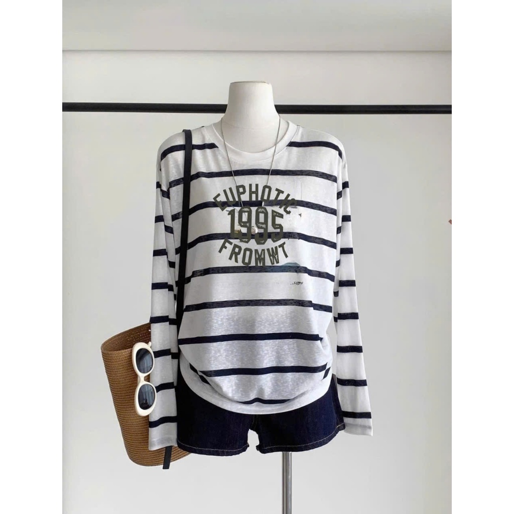 Áo dài tay kẻ sọc ngang ô to in hình cá tính JULY FASHION, Áo thun nữ tay dài thu đông kẻ sọc chất thun xượt mềm mịn