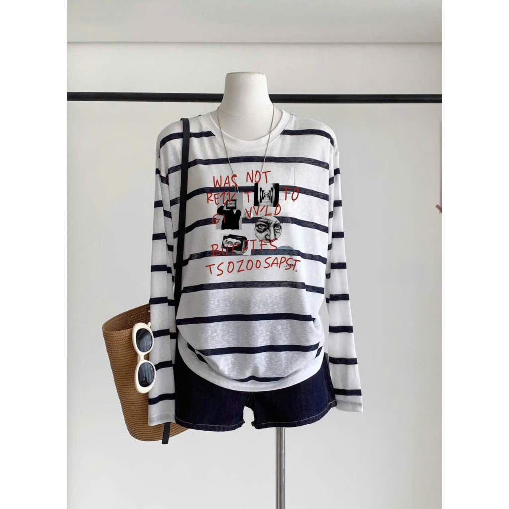 Áo dài tay kẻ sọc ngang ô to in hình cá tính JULY FASHION, Áo thun nữ tay dài thu đông kẻ sọc chất thun xượt mềm mịn