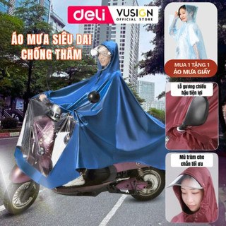 [SIÊU BỀN] Áo Mưa Trong Suốt Đi Xe Máy DELI Kèm Kính Chắn Mưa 2 Lớp, che phủ toàn thân - Có Tai Gương, Chất Liệu Vải Bền